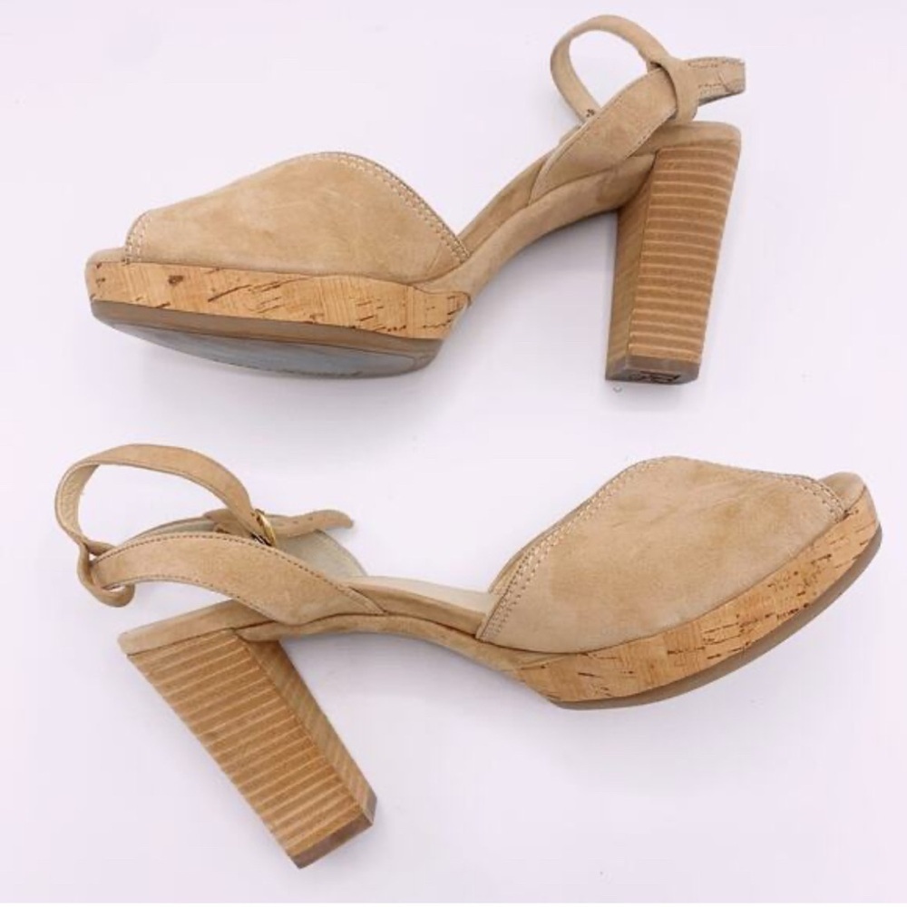 Paul Green suede ankle strap open-toe block heel sandals sz 9.5 beige shoes